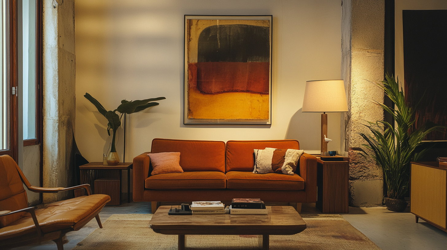 Mid-century living room setting with vintage art and furnishings