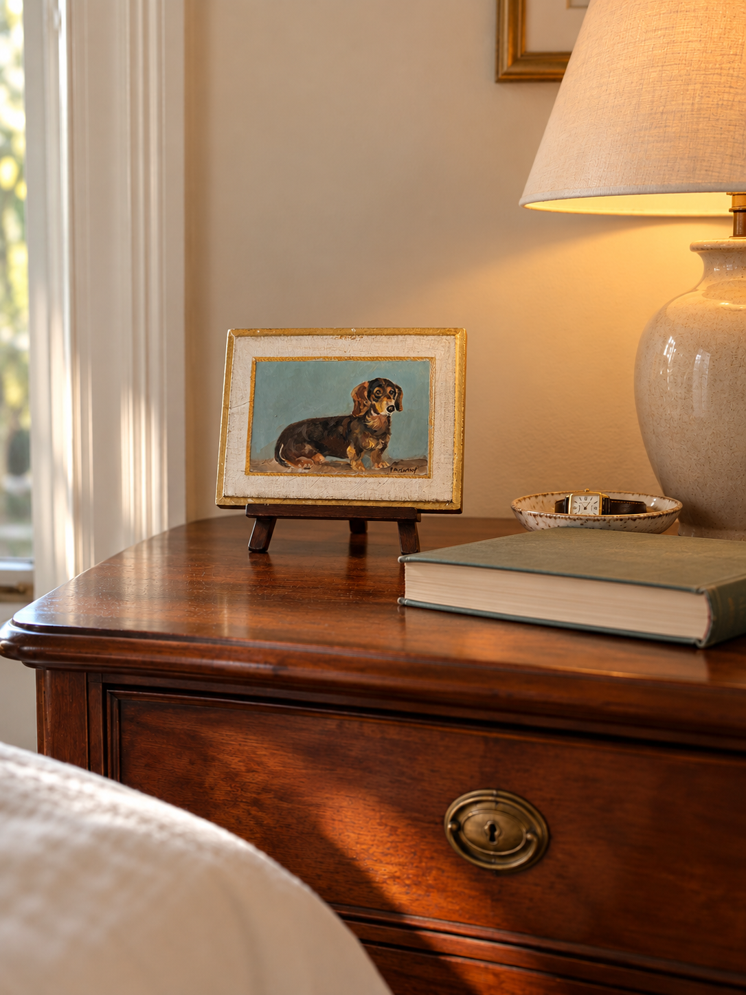 Patti McCarthy oil of a dachshund on a small cream and gilt Florentine board, set on a mini easel on a mahogany chest beside a hardcover book and a ceramic lamp