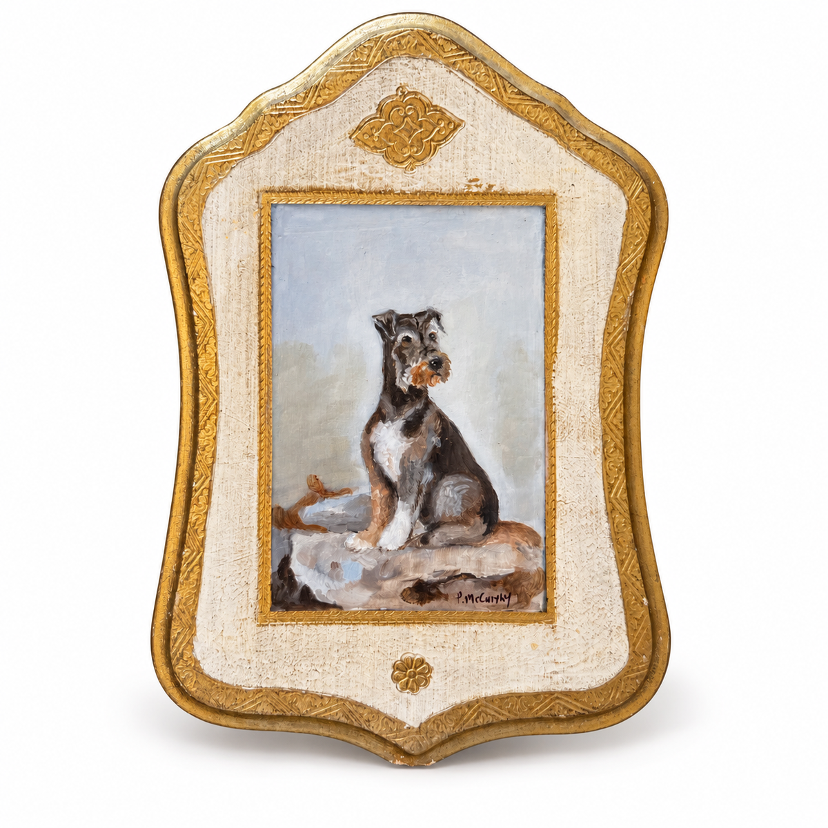 Patti McCarthy original oil of a seated terrier, signed P. McCarthy, on a shaped Florentine board with gilt cartouche and rosette