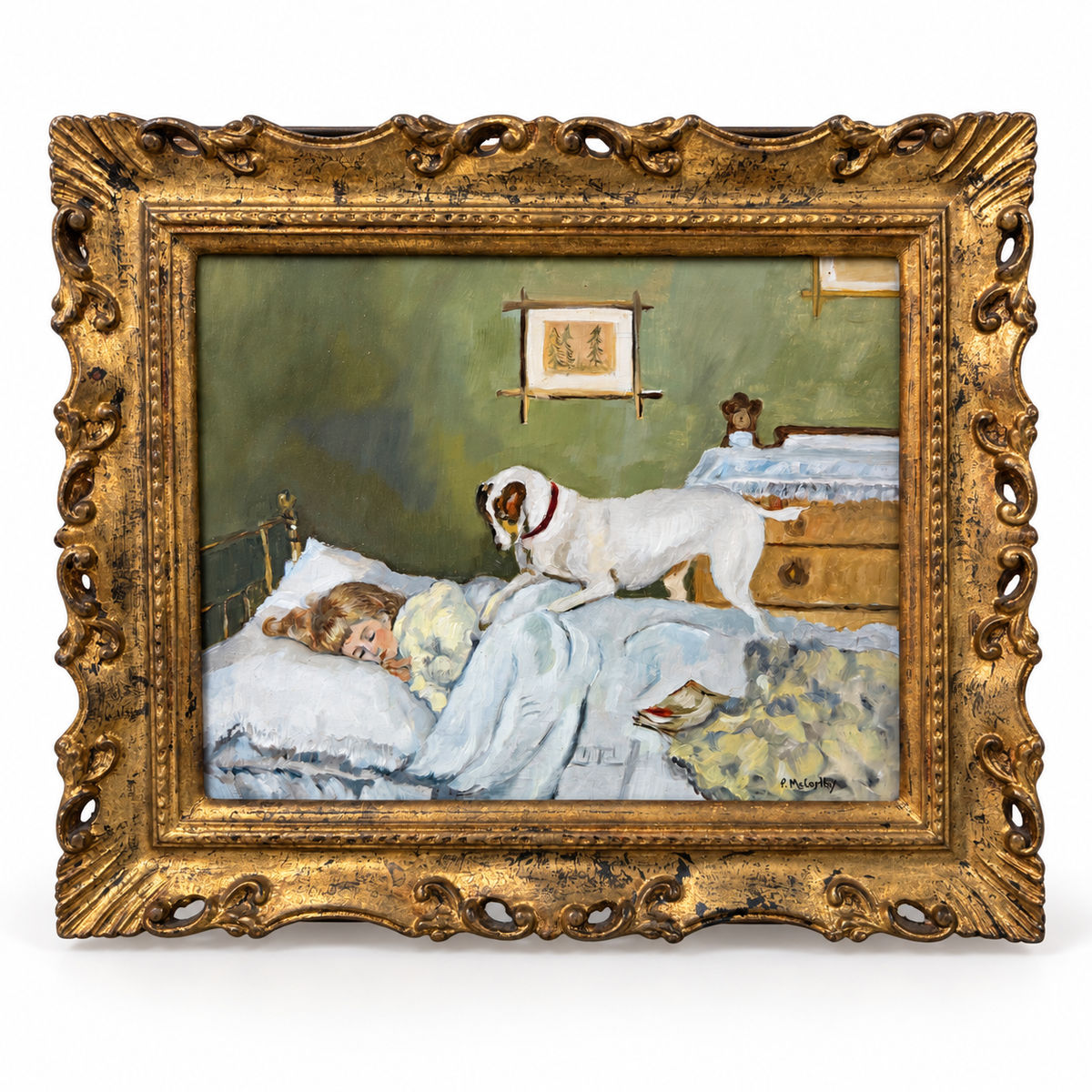 Patti McCarthy original oil, Wake Up, a terrier with a red collar on a sleeping girl&