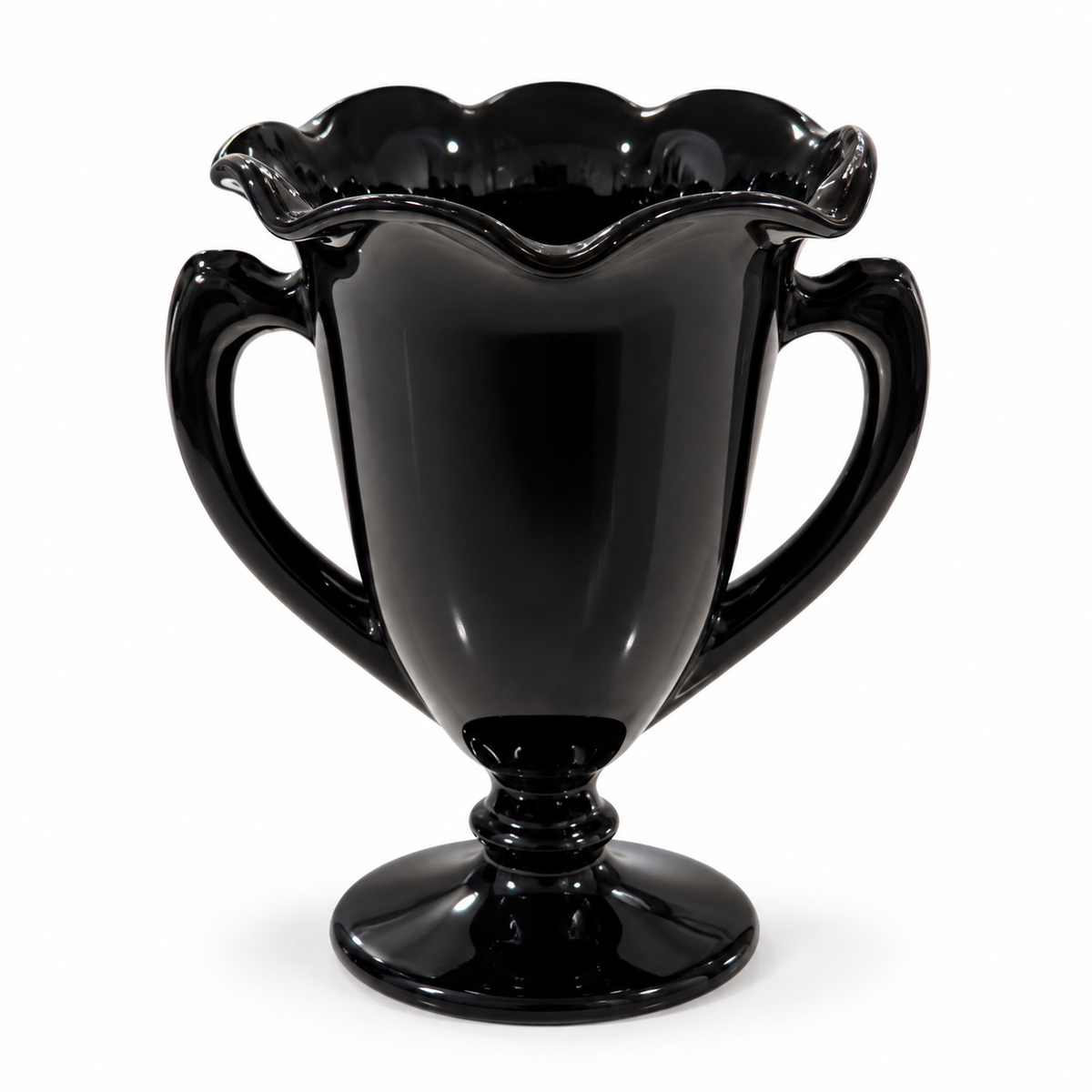L.E. Smith black amethyst glass two-handled trophy vase with ruffled rim, 8 inches tall, on a white background
