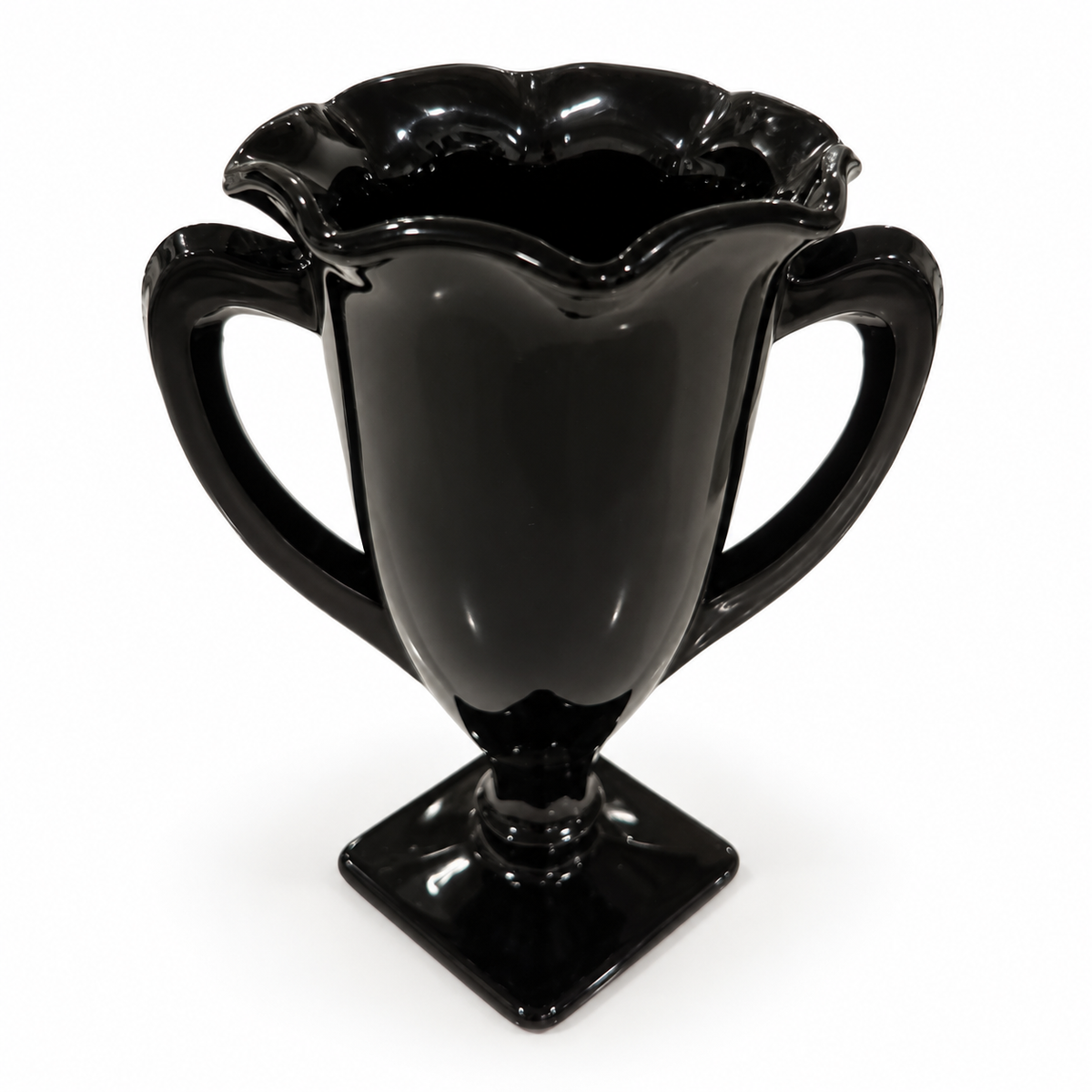 Single L.E. Smith black amethyst trophy vase with square foot, front view, on white background