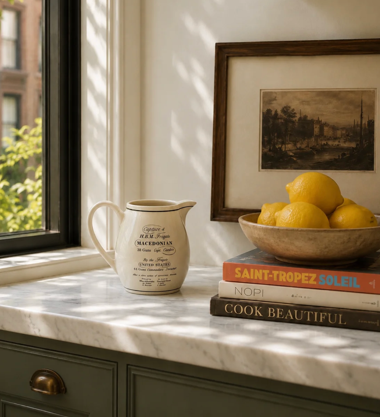 Vintage ironstone pitcher on a sunlit marble counter beside a bowl of lemons