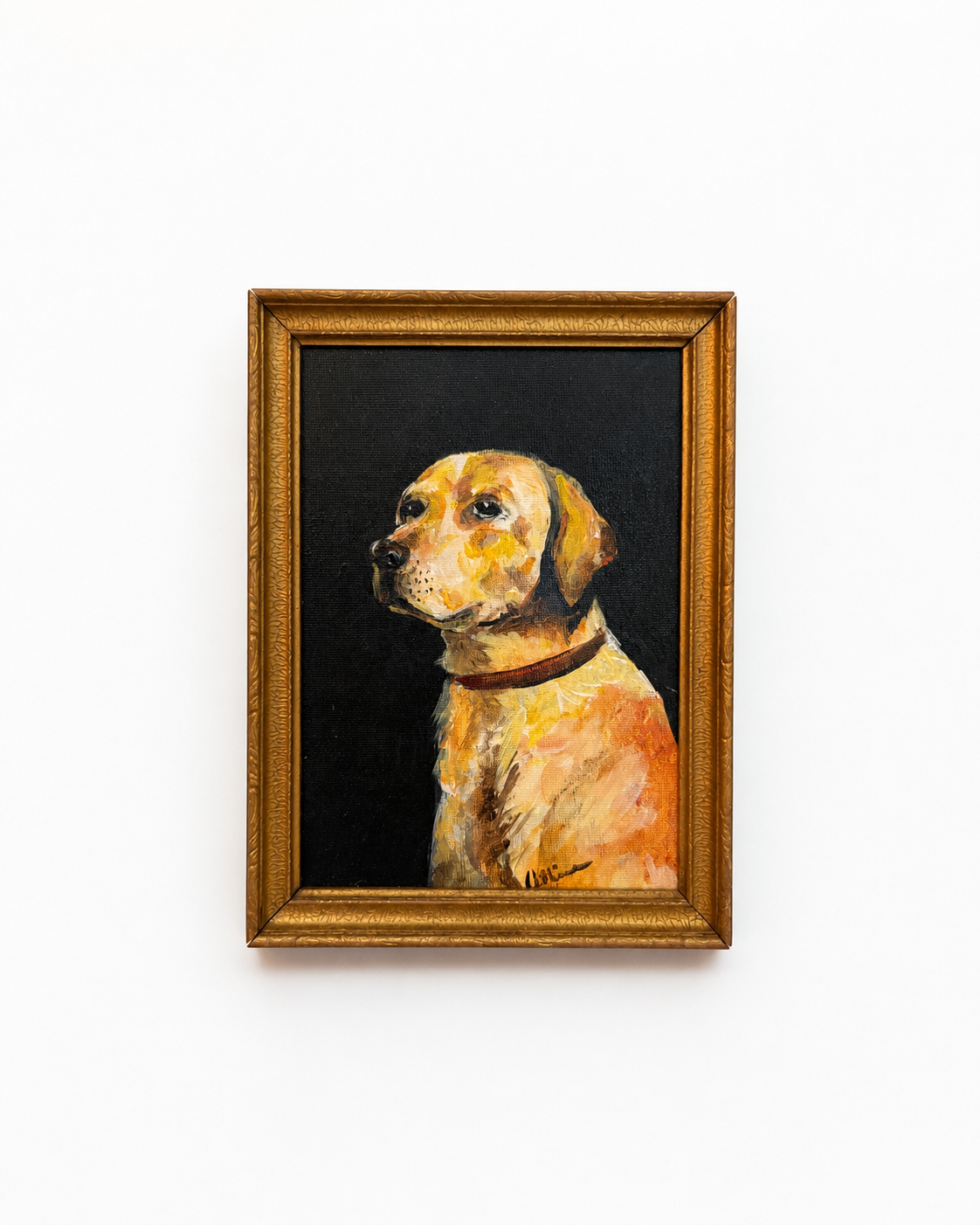 Vintage Yellow Lab Oil Portrait, Gold Frame