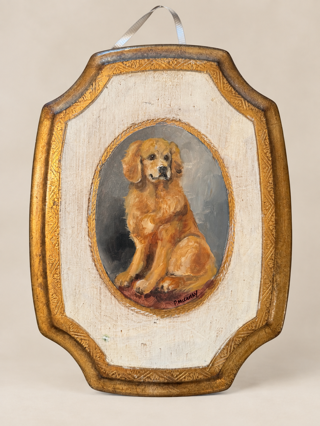 Pat McCarthy Original Golden Spaniel Oil Painting – Italian Florentine Plaque