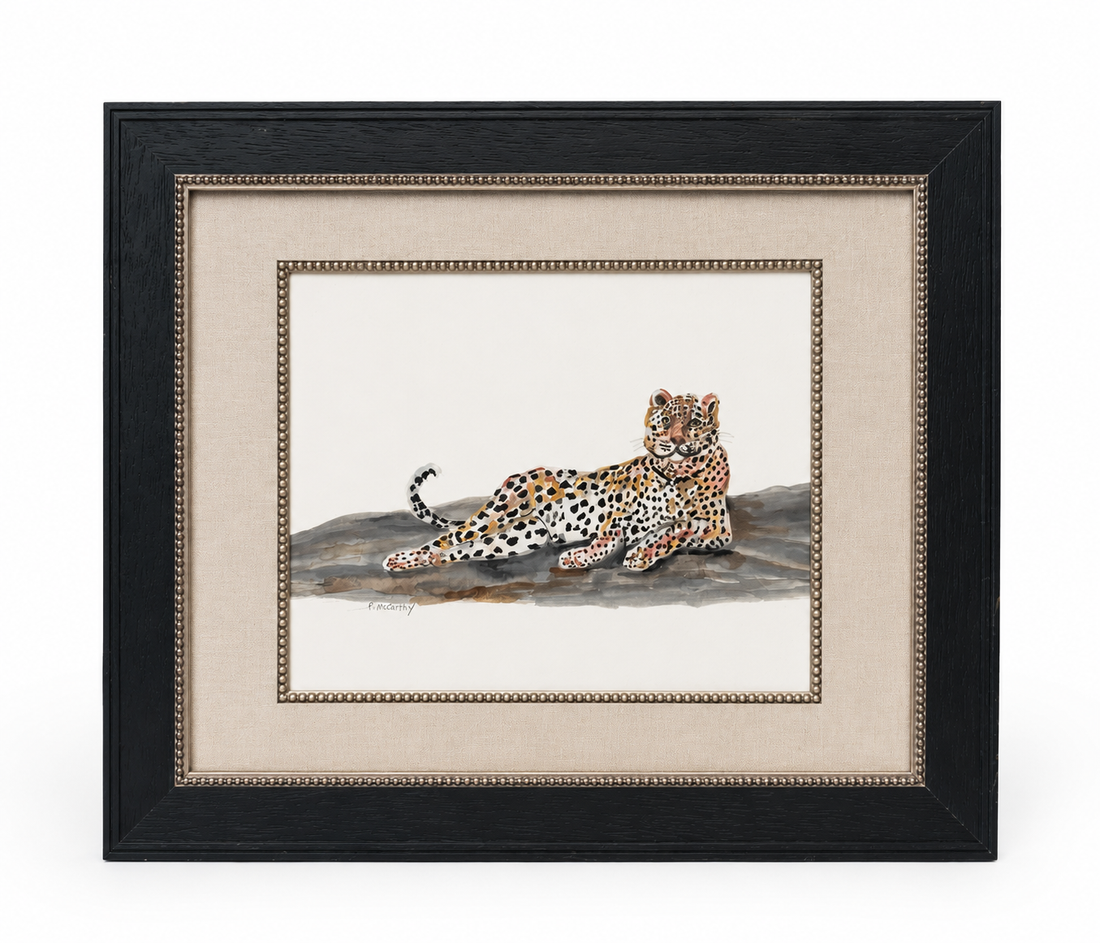 Vintage Leopard Watercolor, Signed P. McCarthy, Beaded Black Frame