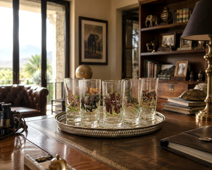 Vintage Safari Highball Glasses with Silver-Plated Gallery Tray, Set of 6 Mid-Century Wildlife Cocktail Glasses
