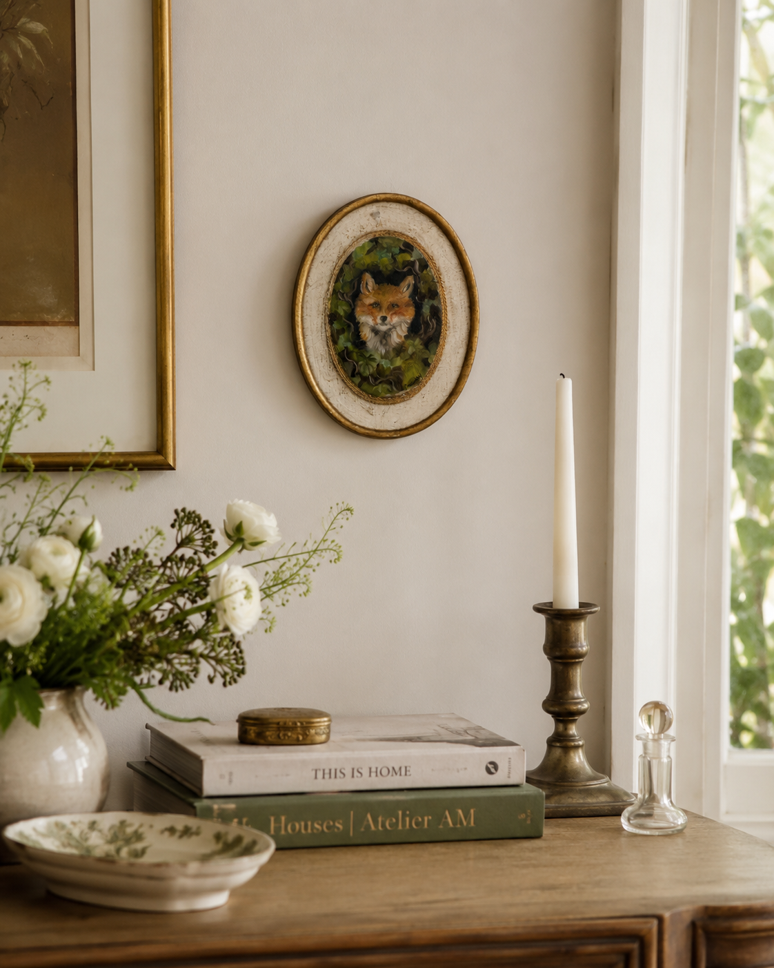 Fox Oil Painting on Oval Florentine Board