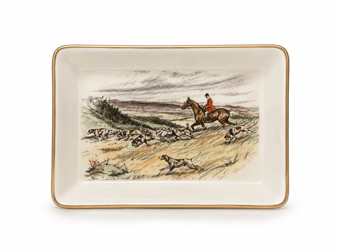 Vintage Hand-Colored Fox Hunt Trinket Dish | O:962 Design Studios Gilt Rim Equestrian Tray | English Hunting Scene Catchall