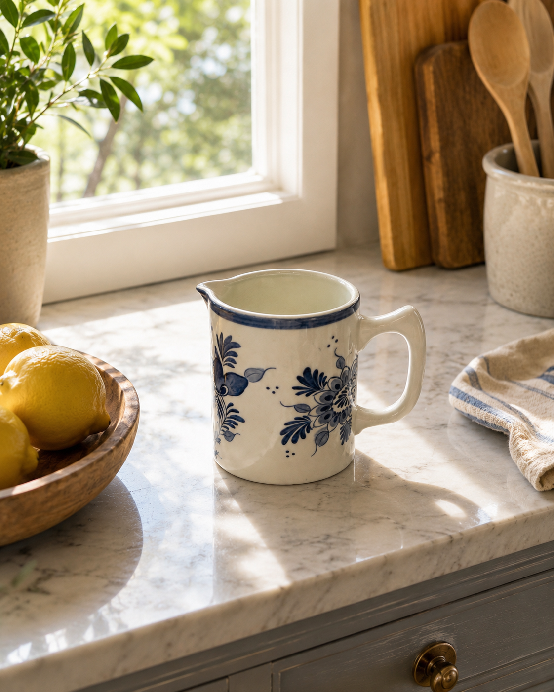 Vintage Delft-Style Hand-Painted Floral Pitcher, Blue &amp; Cream