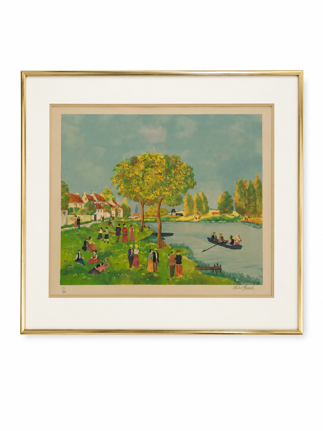 Michel Hermel Signed Numbered Lithograph, French Riverside Scene, Framed