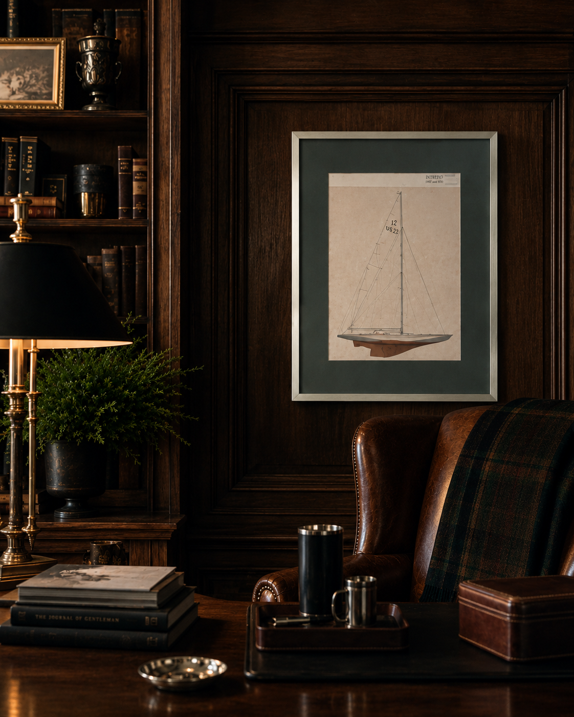 Vintage "Intrepid" Sail Plan Print, Chrome Frame