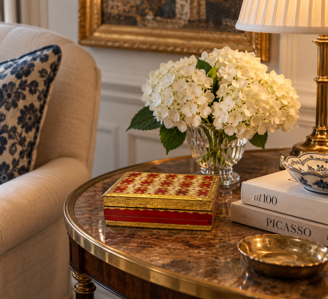 Hand-painted Florentine wooden box in red, gold and cream, styled at home