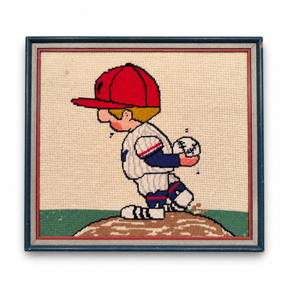 Vintage Phillies Needlepoint Baseball Pitcher – Framed Folk Art