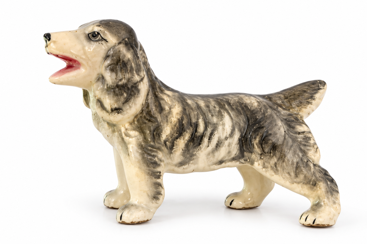 Vintage Glazed Ceramic Dog Figurine – Gray and Cream Spaniel