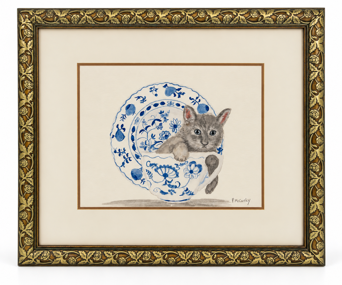 Pat McCarthy Watercolor, Cat in Blue &amp; White Delft Plate