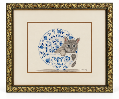Pat McCarthy Watercolor, Cat in Blue &amp; White Delft Plate