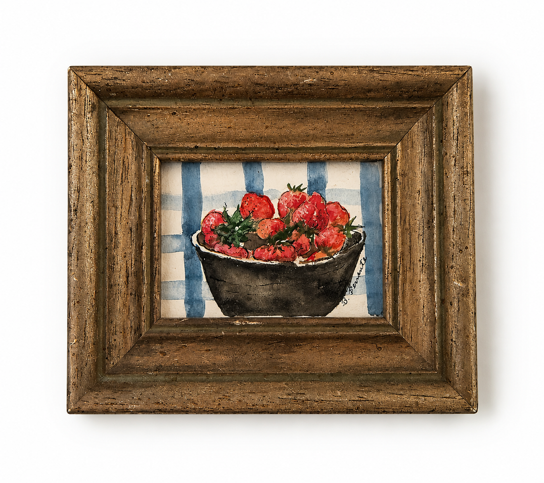 Vintage Strawberry Watercolor in Rustic Gilt Frame | 5.5” x 6.5”