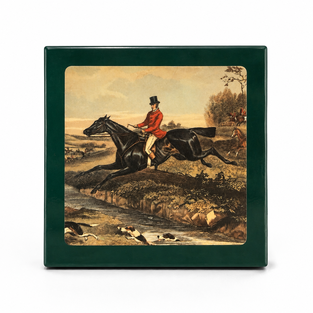 Fox Hunt Coaster Set in Green Lacquer Box