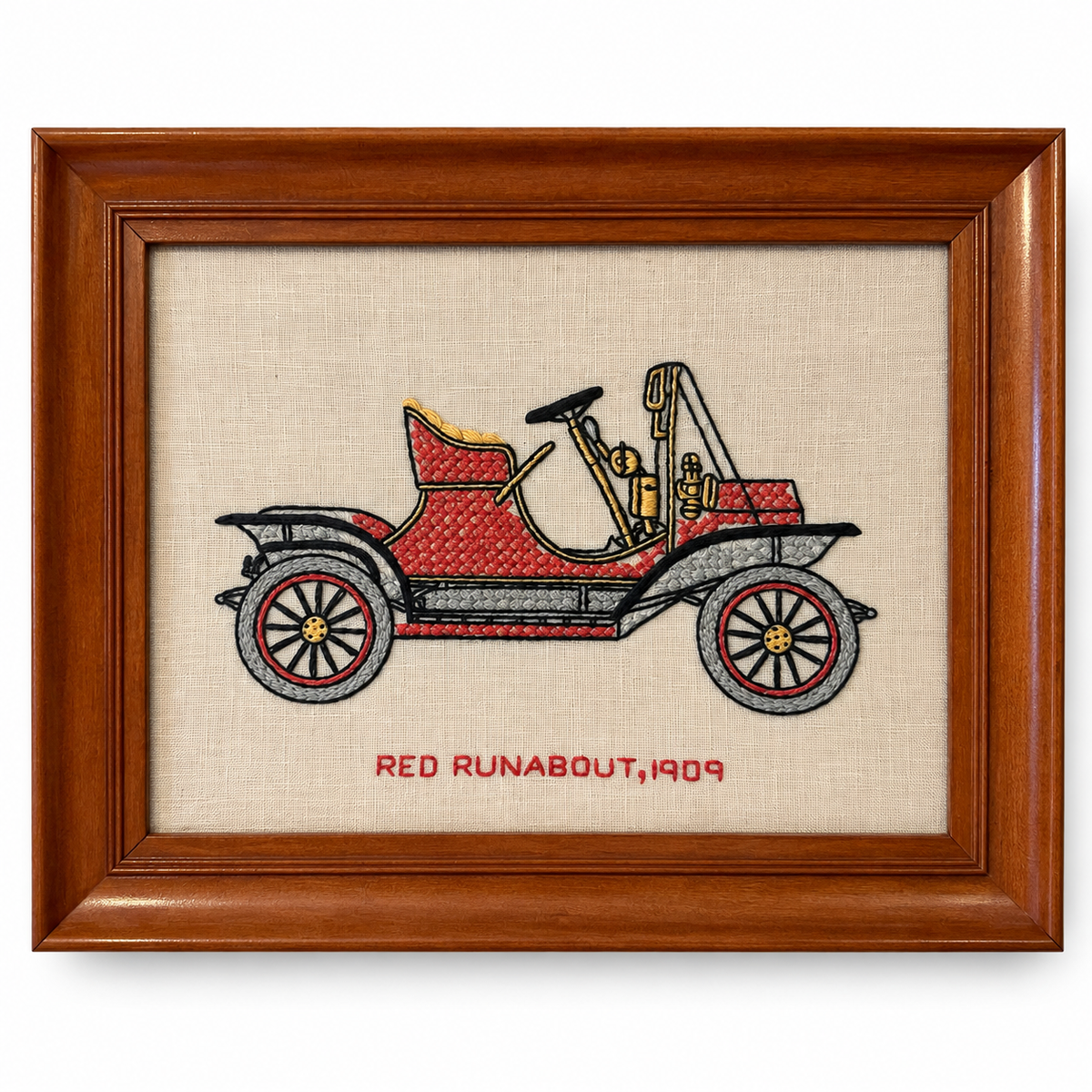 Vintage 1908 Buick &amp; 1909 Red Runabout Embroidered Textile Art, Pair