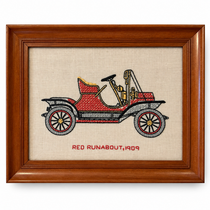 Vintage 1908 Buick &amp; 1909 Red Runabout Embroidered Textile Art, Pair