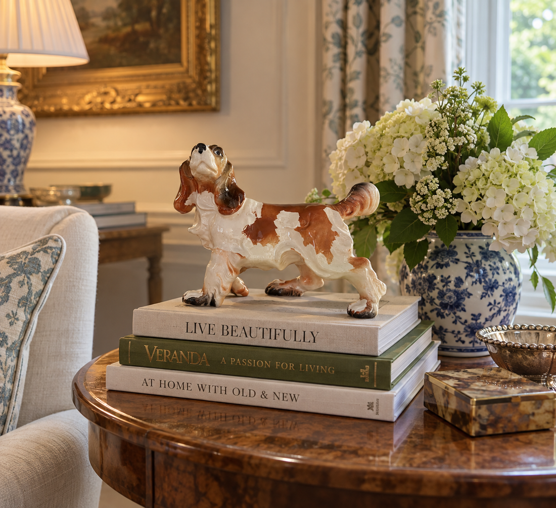 Vintage Ceramic Basset Hound Figurine, Hand-Painted Brown &amp; White Dog