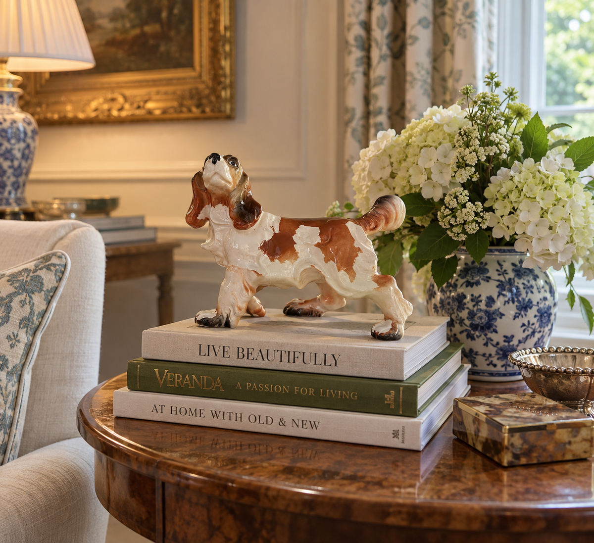 Vintage Ceramic Basset Hound Figurine, Hand-Painted Brown &amp; White Dog