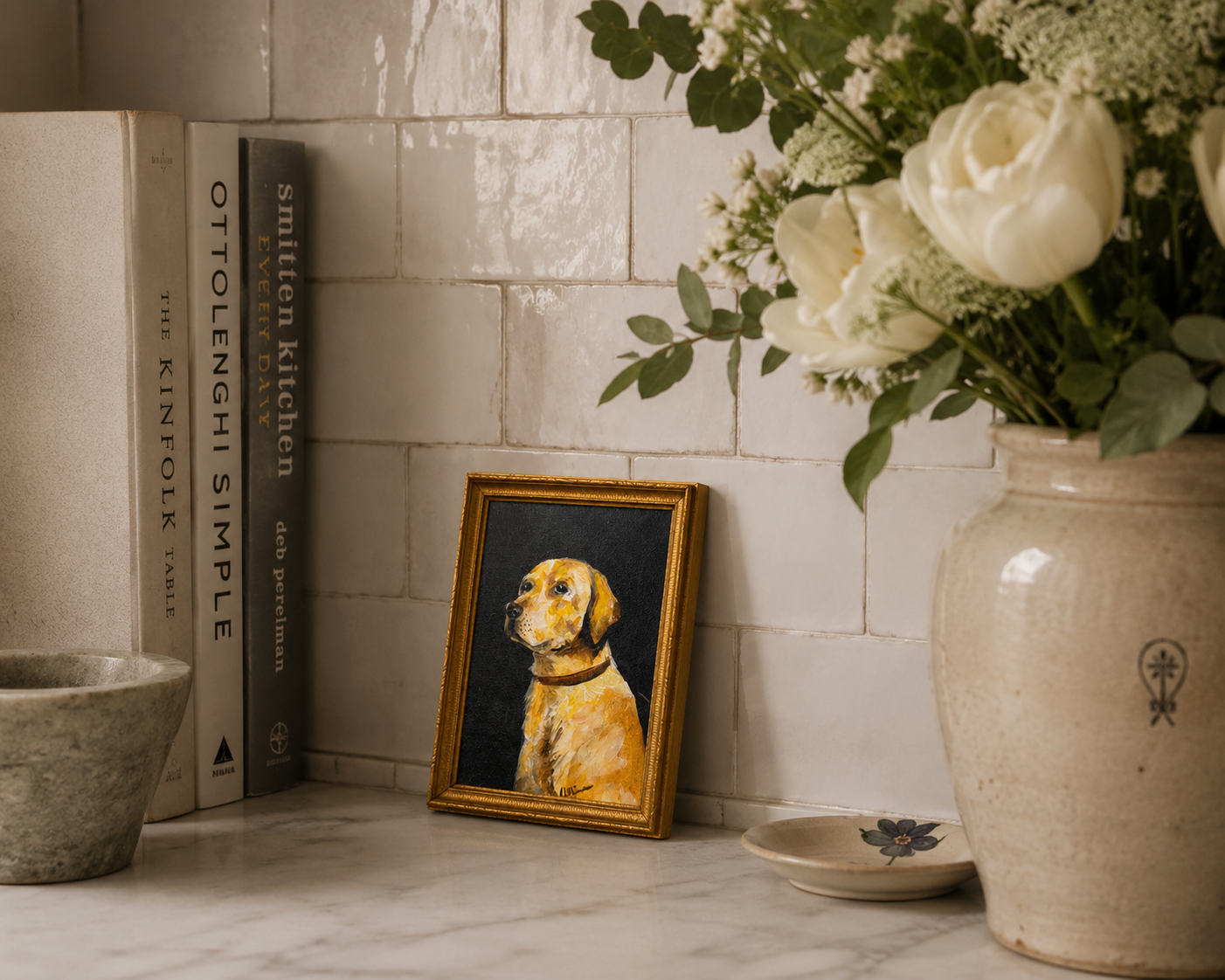 Vintage Yellow Lab Oil Portrait, Gold Frame
