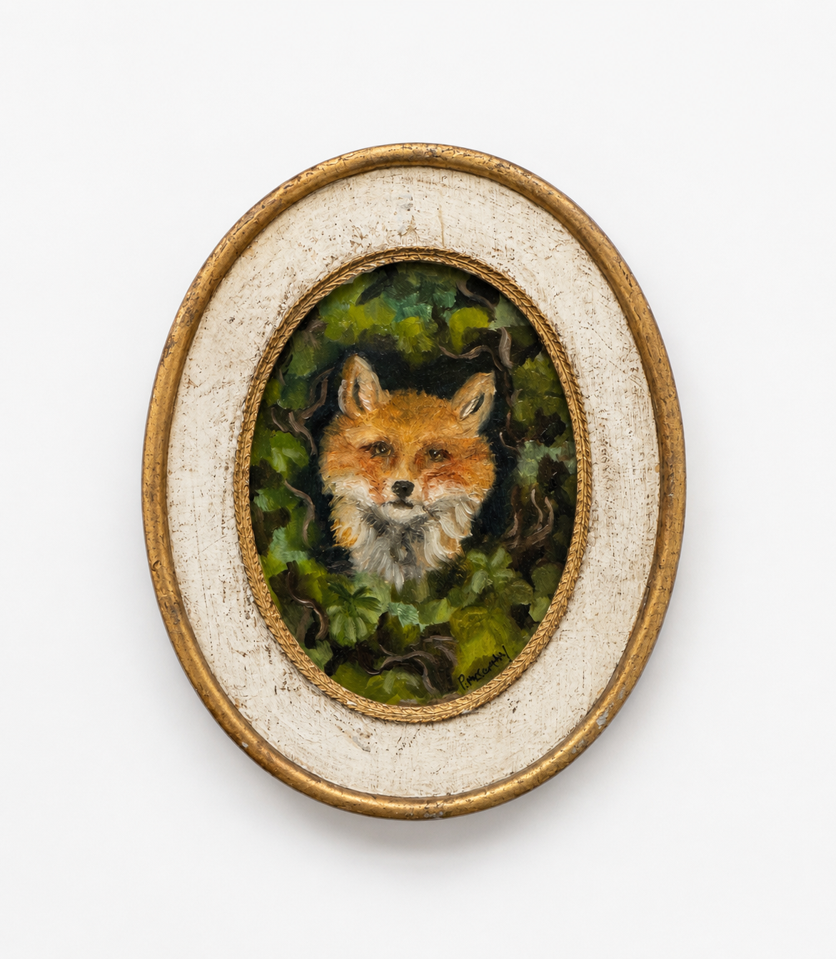 Fox Oil Painting on Oval Florentine Board