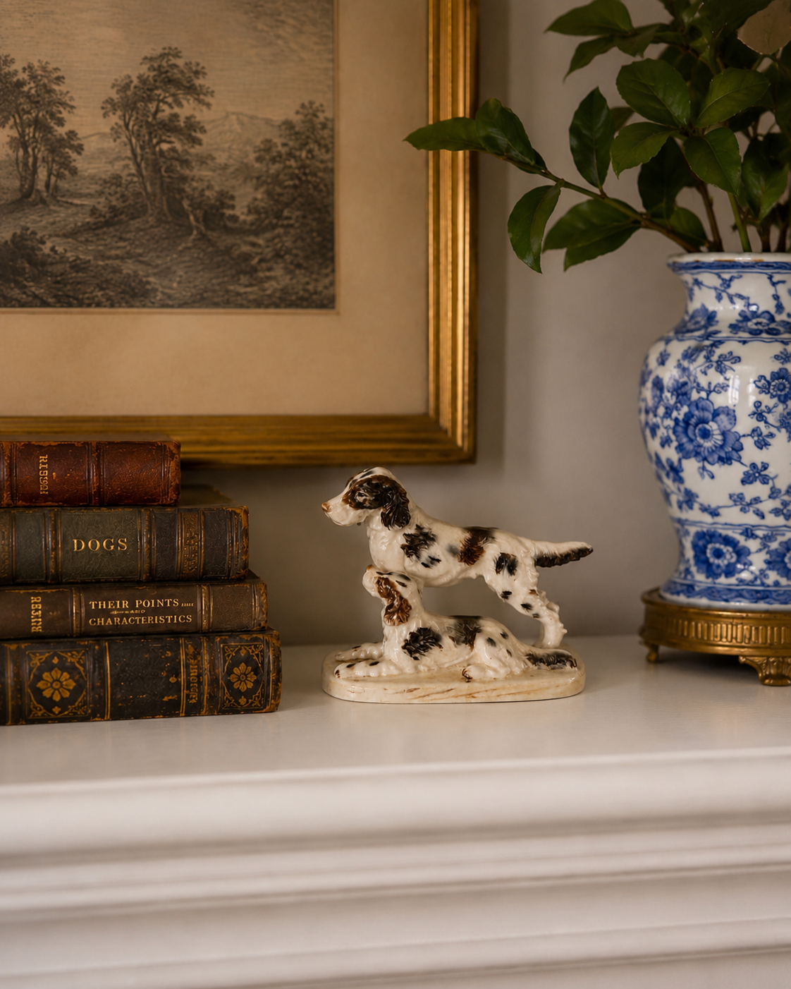 Vintage Japanese Porcelain Setter Dog Figurine Pair, Pointing &amp; Reclining