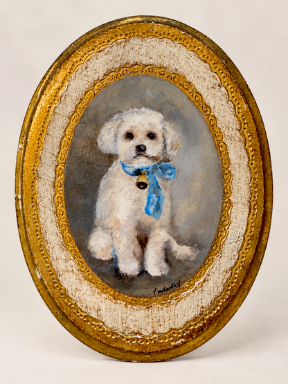 Pat McCarthy Original Oil Painting of White Dog, Florentine Gilt Plaque