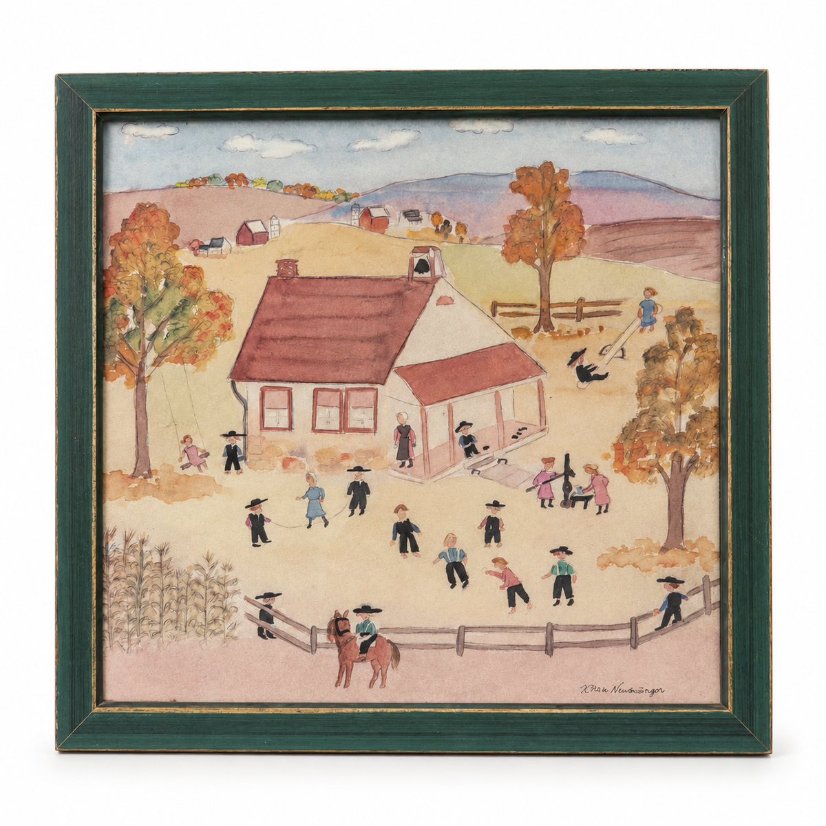 Vintage Amish Folk Art Print by XHan Newswanger, Framed