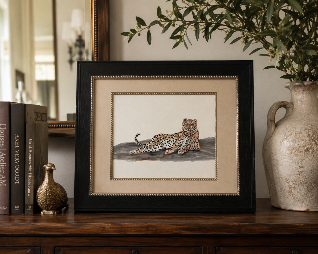 Vintage Leopard Watercolor, Signed P. McCarthy, Beaded Black Frame