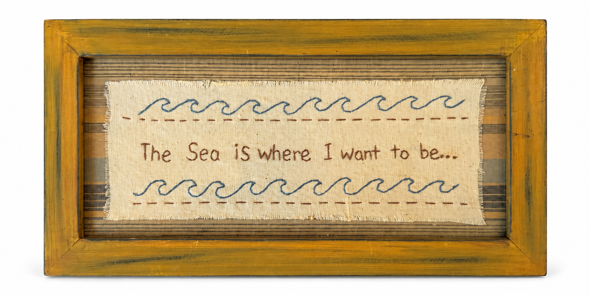 Vintage Framed Coastal Linen Sampler – “The Sea Is Where I Want to Be”