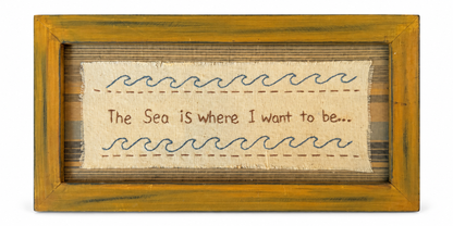 Vintage Framed Coastal Linen Sampler – “The Sea Is Where I Want to Be”