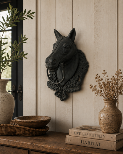 Cast Iron Horse Head with Hitching Ring on Oak Leaf Plaque
