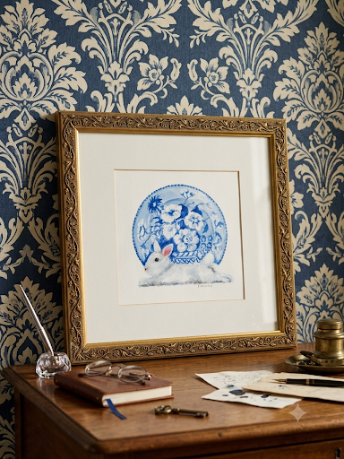 Vintage Watercolor Painting of a Rabbit — Blue &amp; White Chinoiserie, Signed Pat McCarthy