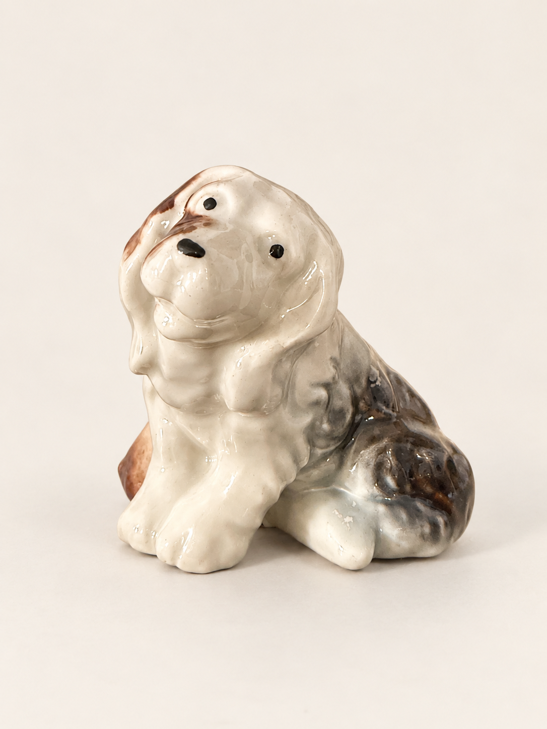 Vintage Japanese Ceramic Spaniel Figurine, Small Glazed Dog