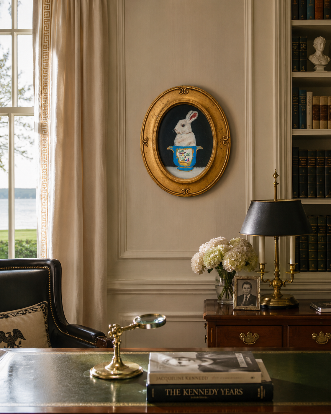 Pat McCarthy Bunny in Sèvres Blue Cachepot. Original Oil, Oval Gilt Frame