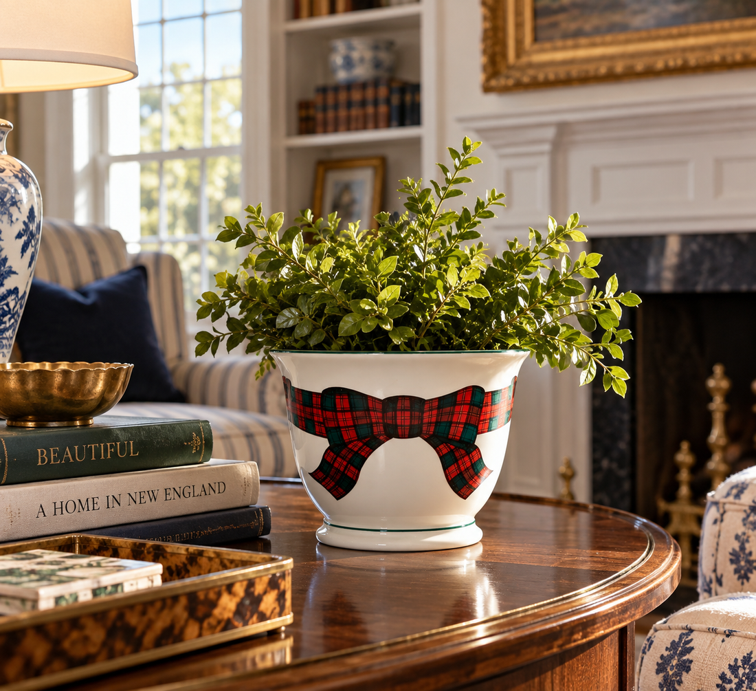 Arita porcelain cache-pot with a hand-painted tartan bow, styled at home