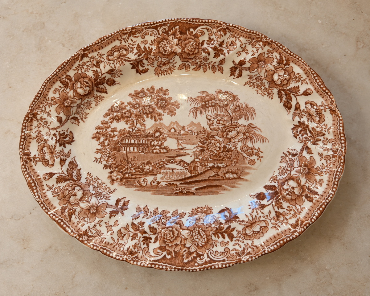 Vintage Franciscan Tonquin Transferware Platter – Brown Floral Landscape, Staffordshire England
