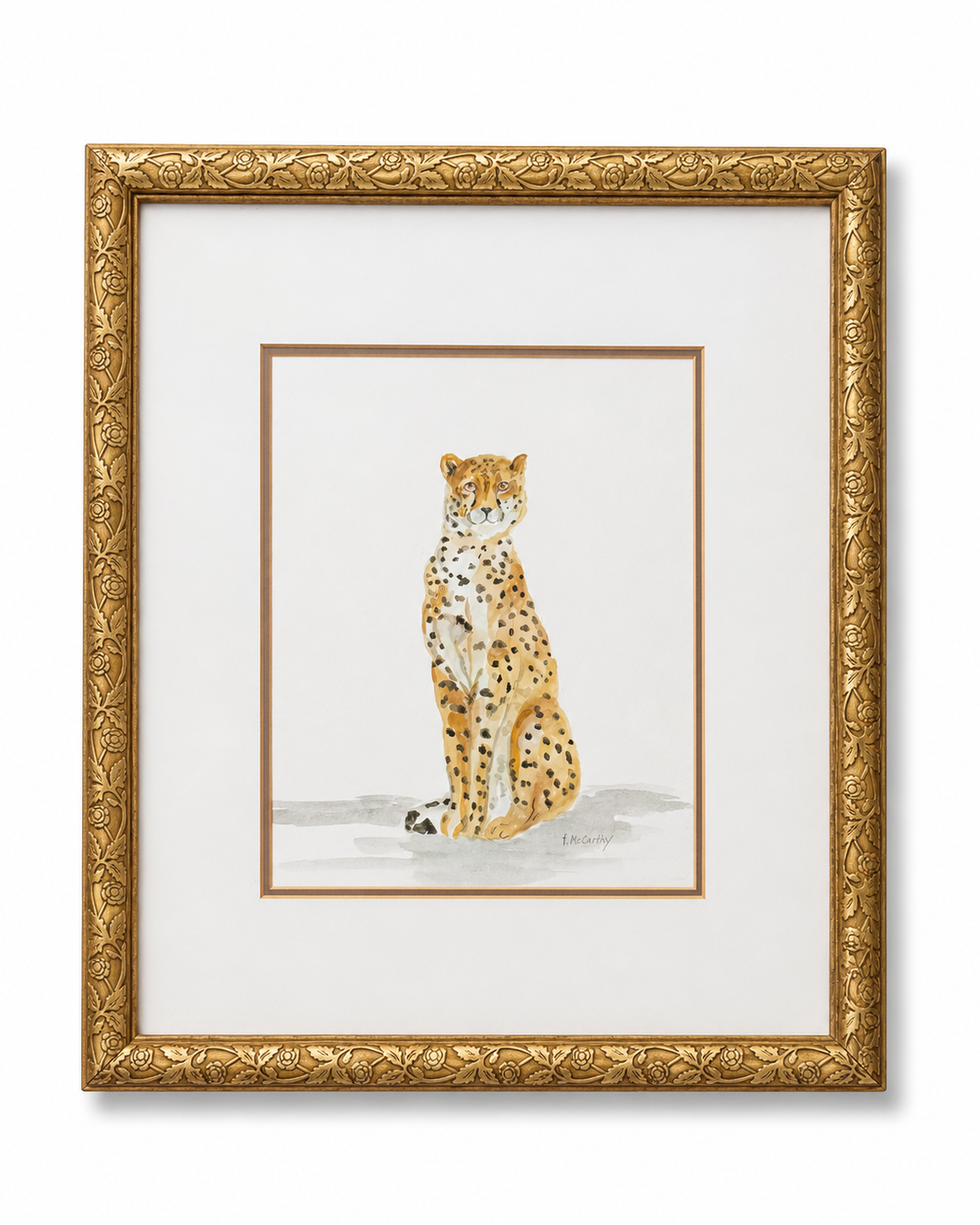 Vintage Cheetah Watercolor, Signed Pat McCarthy, Gilt Frame