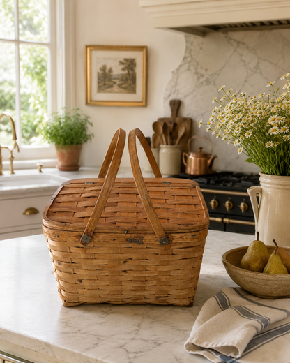 Vintage Woven Picnic Basket with Hinged Lid &amp; Wooden Handles
