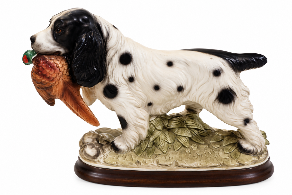 Vintage Japanese Spotted Hunting Dog Figurine with Game Bird