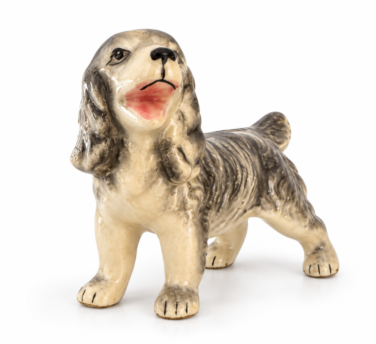 Vintage Glazed Ceramic Dog Figurine – Gray and Cream Spaniel
