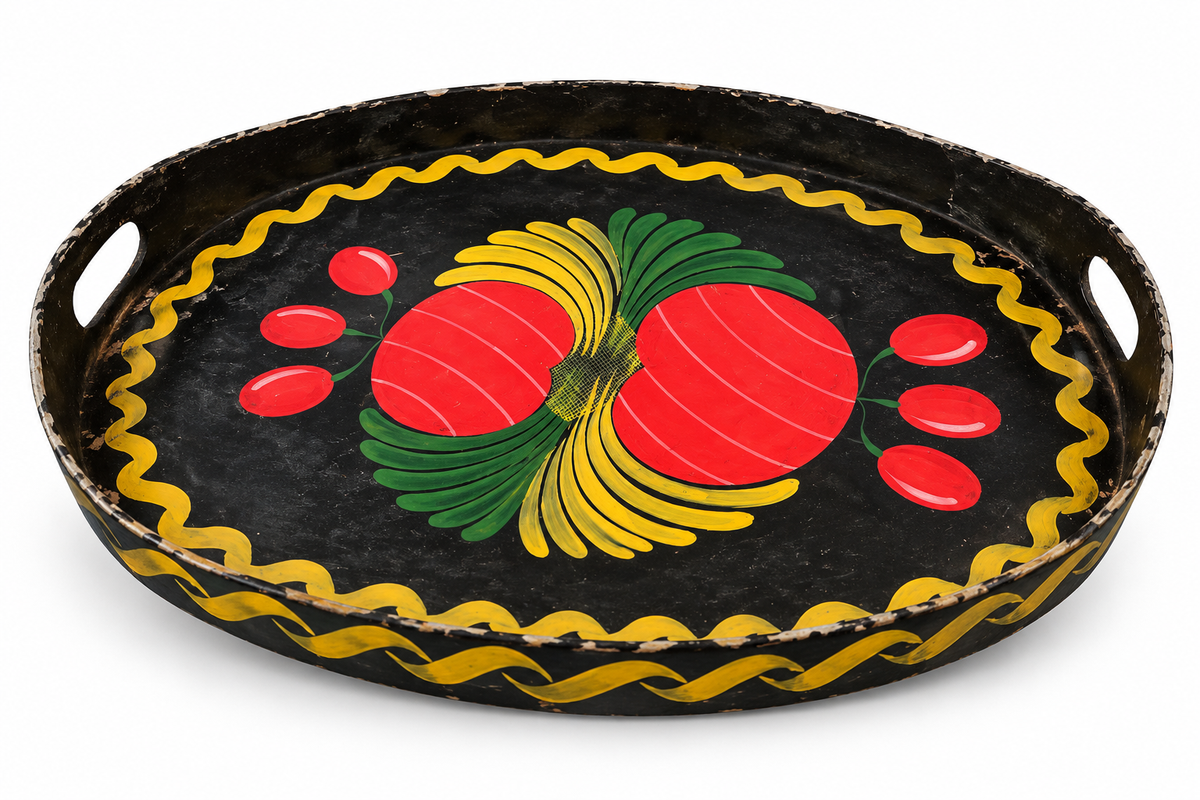 Vintage Folk Art Painted Black Metal Serving Tray with Red Fruit Design