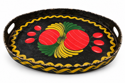 Vintage Folk Art Painted Black Metal Serving Tray with Red Fruit Design