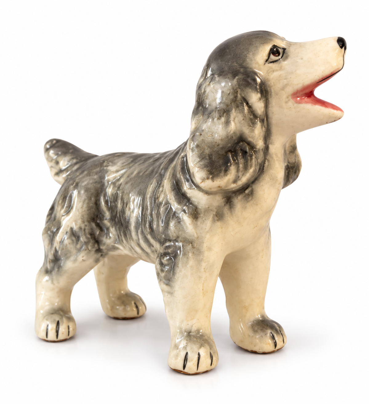 Vintage Glazed Ceramic Dog Figurine – Gray and Cream Spaniel