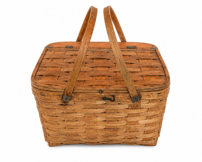 Vintage Woven Picnic Basket with Hinged Lid &amp; Wooden Handles