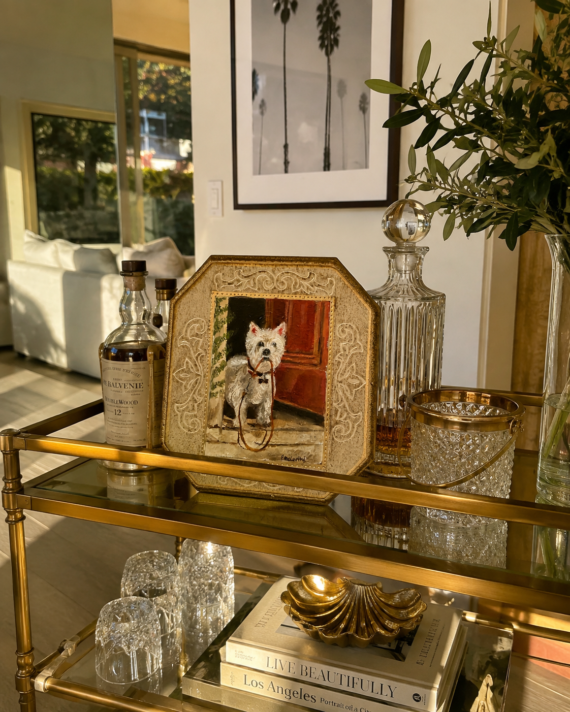 Vintage Framed Westie with Leash, Octagonal Florentine Board, Signed Pat McCarthy